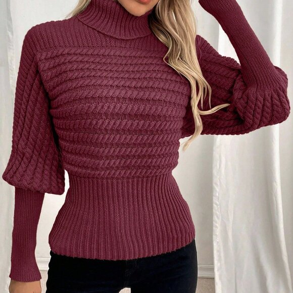 Burgundy Women's Casual Turtleneck Cable Knit Oversized Pullover Sweater - Picture 1 of 6